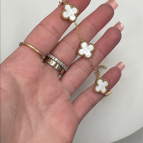 203. 14k Gold Plated White Clover Bracelet 7” - 9” - Picture 3 of 5